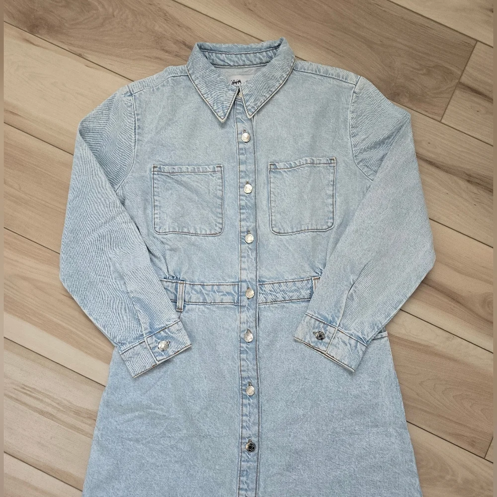 NEW Zara BUTTON DOWN LONG SLEEVE DENIM MIDI DRESS - Picture 12 of 15